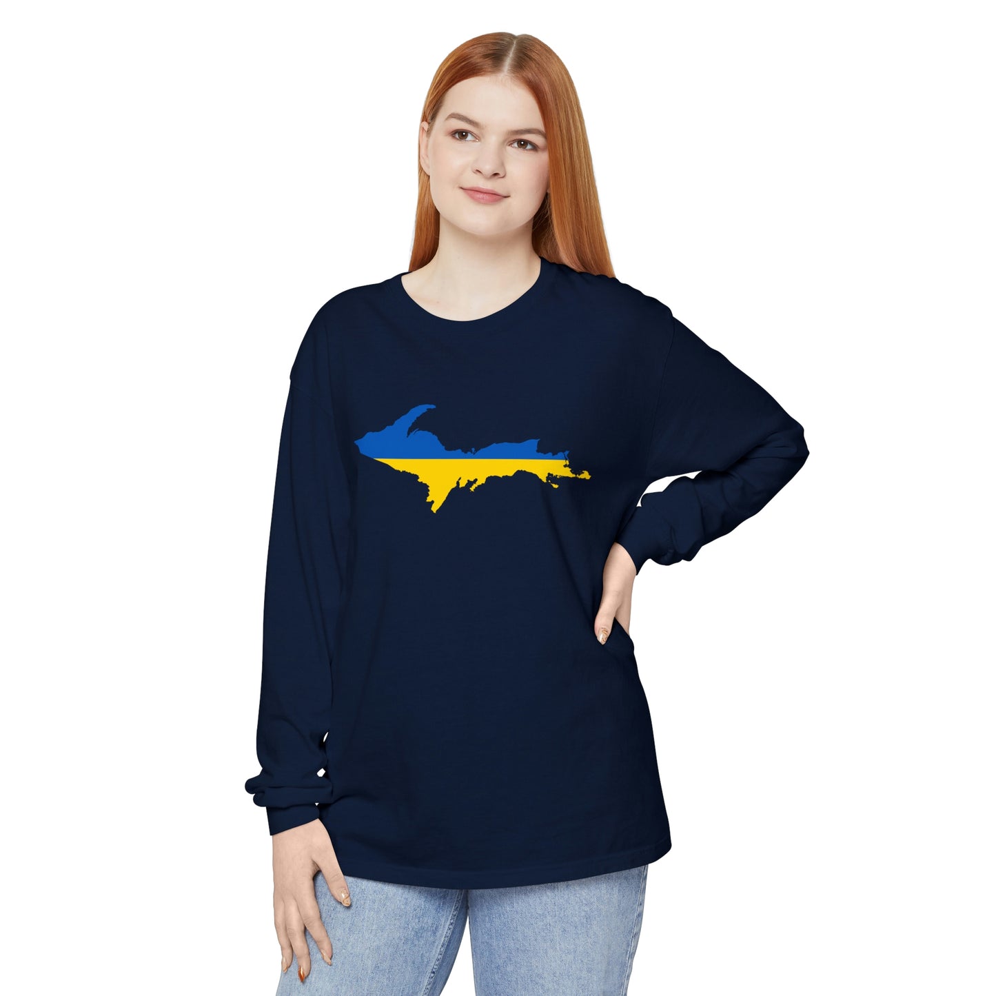 Michigan Upper Peninsula Garment-Dyed T-Shirt (w/ UP Ukraine Flag Outline) | Unisex Long Sleeve