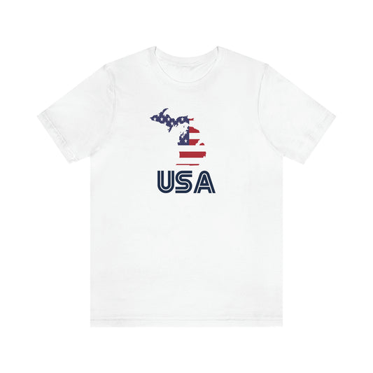 Michigan 'USA' T-Shirt (Audiophile Font w/ MI USA Flag Outline) | Unisex Standard Fit