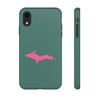 Michigan Upper Peninsula Tough Phone Case (Copper Green w/ Pink UP Outline) | Apple iPhone