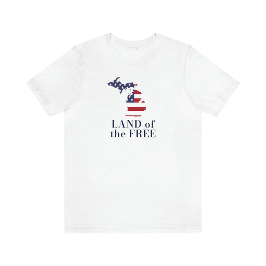 Michigan 'Land of the Free' T-Shirt (Didone Font w/ MI USA Flag Outline) | Unisex Standard Fit