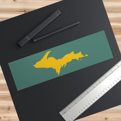 Michigan Upper Peninsula Bumper Sticker (w/ Gold UP Outline) | Copper Green Background