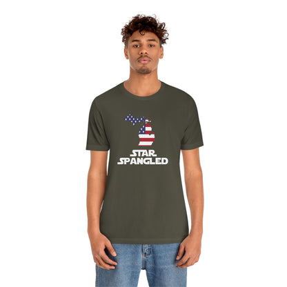 Michigan 'Star Spangled' T-Shirt (Epic Sci Fi Font w/ MI USA Flag Outline) | Unisex Standard Fit