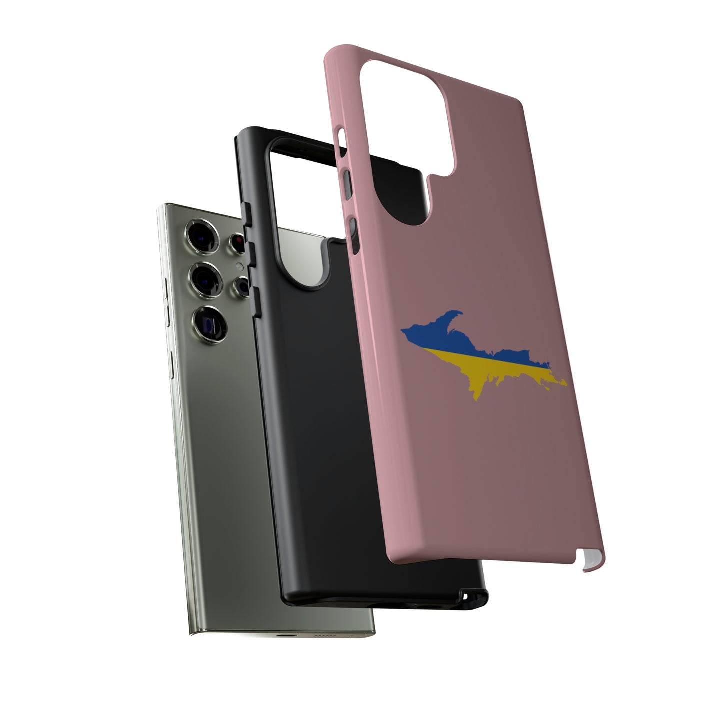 Michigan Upper Peninsula Tough Phone Case (Cherry Blossom Pink w/ UP Ukraine Flag Outline) | Samsung & Pixel Android