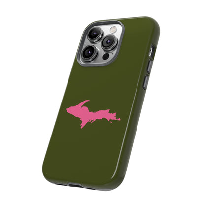 Michigan Upper Peninsula Tough Phone Case (Army Green w/ Pink UP Outline) | Apple iPhone