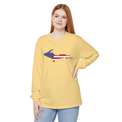 Michigan Upper Peninsula Garment-Dyed T-Shirt (w/ UP USA Flag Outline) | Unisex Long Sleeve