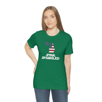 Michigan 'Star Spangled' T-Shirt (Epic Sci Fi Font w/ MI USA Flag Outline) | Unisex Standard Fit