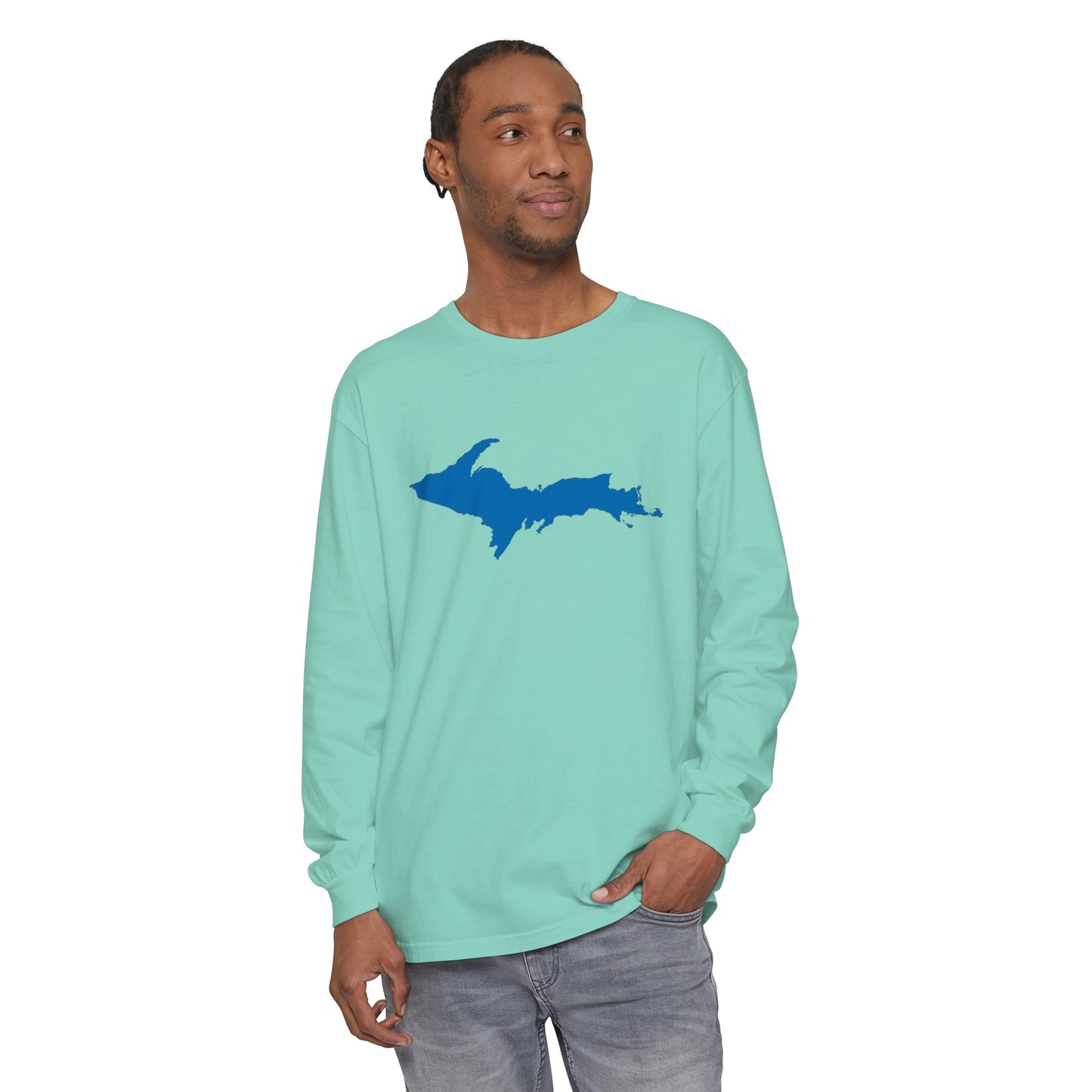 Michigan Upper Peninsula Garment-Dyed T-Shirt (w/ Azure UP Outline) | Unisex Long Sleeve