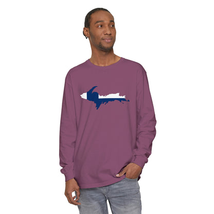 Michigan Upper Peninsula Garment-Dyed T-Shirt (w/ UP Finland Flag Outline) | Unisex Long Sleeve