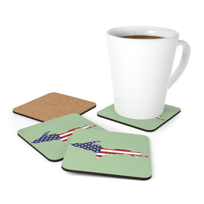 Michigan Upper Peninsula Coaster Set (Green Tea Color Color w/ UP USA Flag Outline) | Corkwood - 4 pack