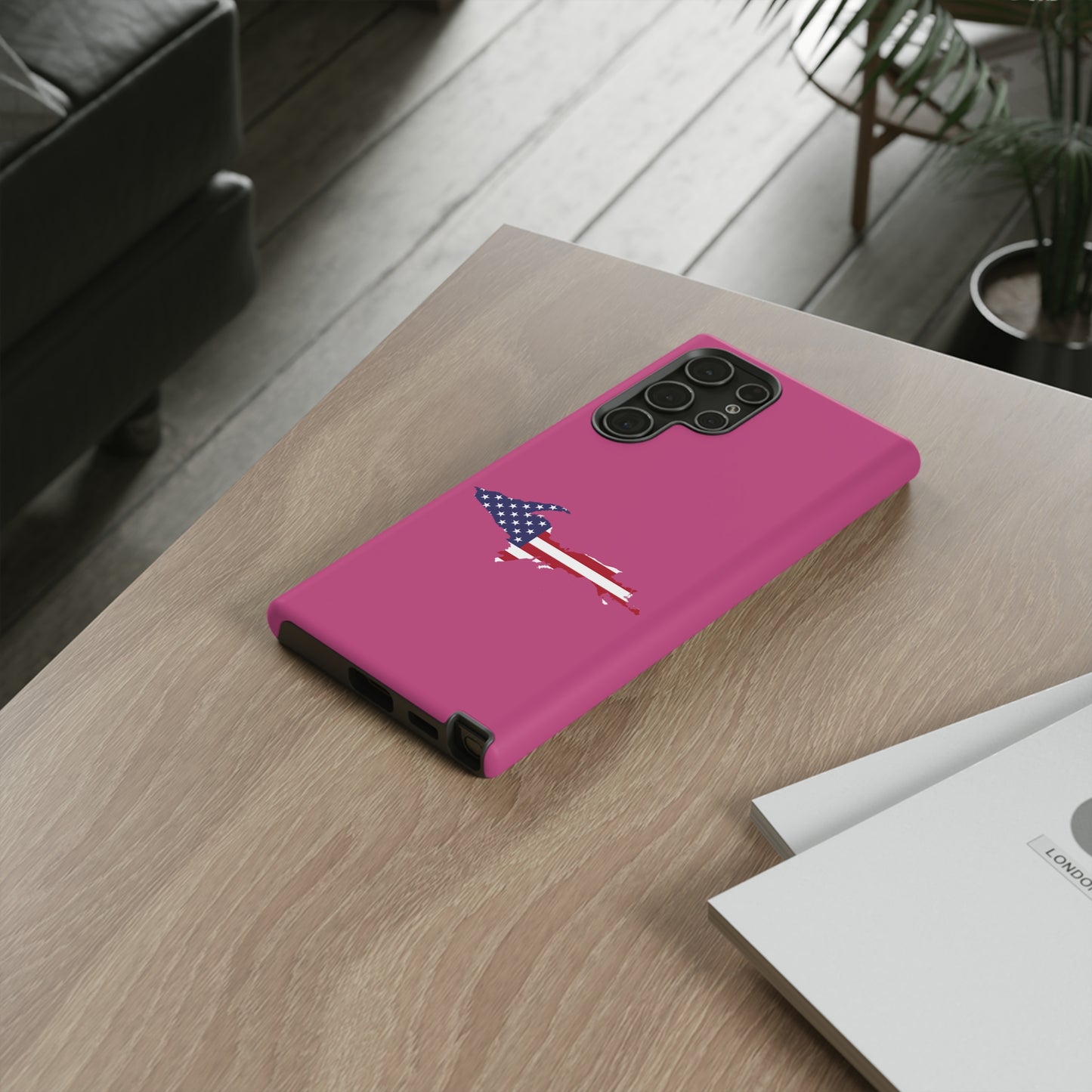 Michigan Upper Peninsula Tough Phone Case (Apple Blossom Pink w/ UP USA Flag Outline) | Samsung & Pixel Android