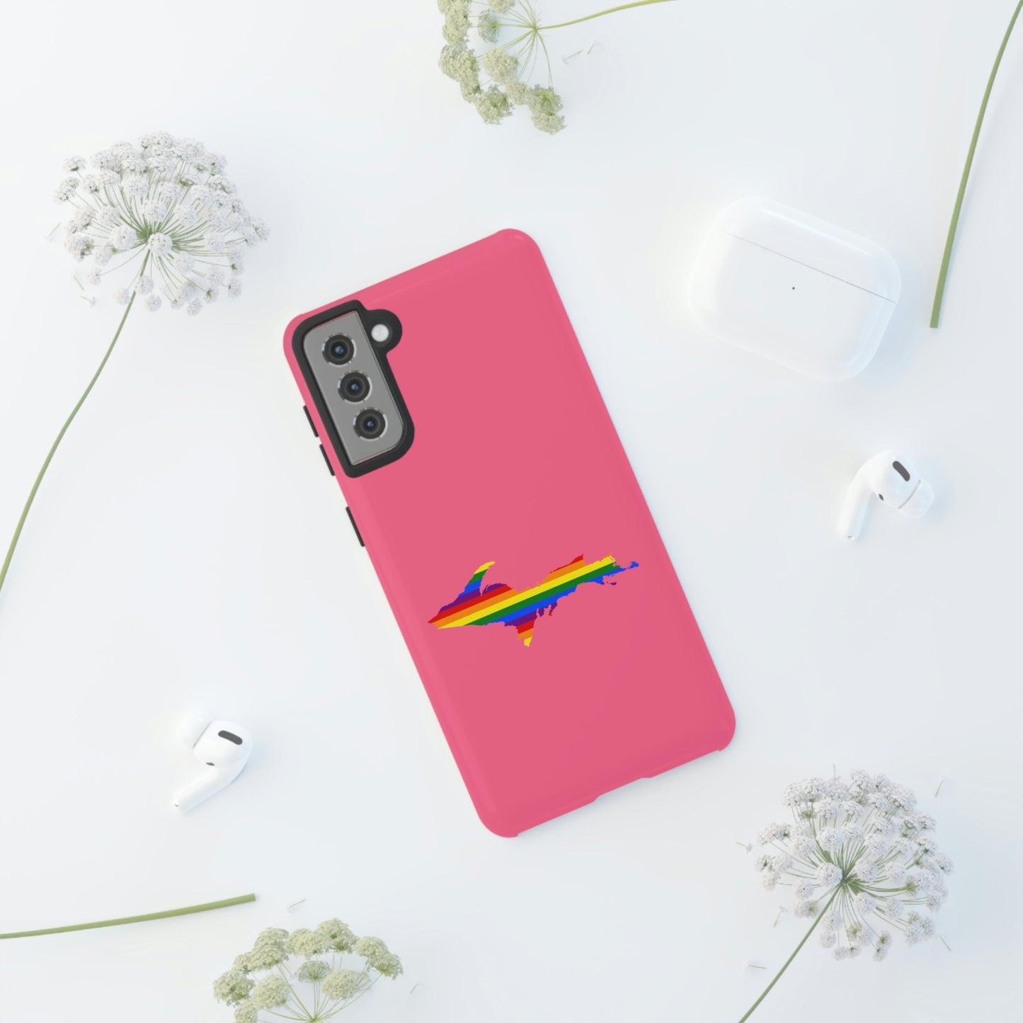 Michigan Upper Peninsula Tough Phone Case (Rhodochrosite Pink w/ UP Pride Flag Outline) | Samsung & Pixel Android