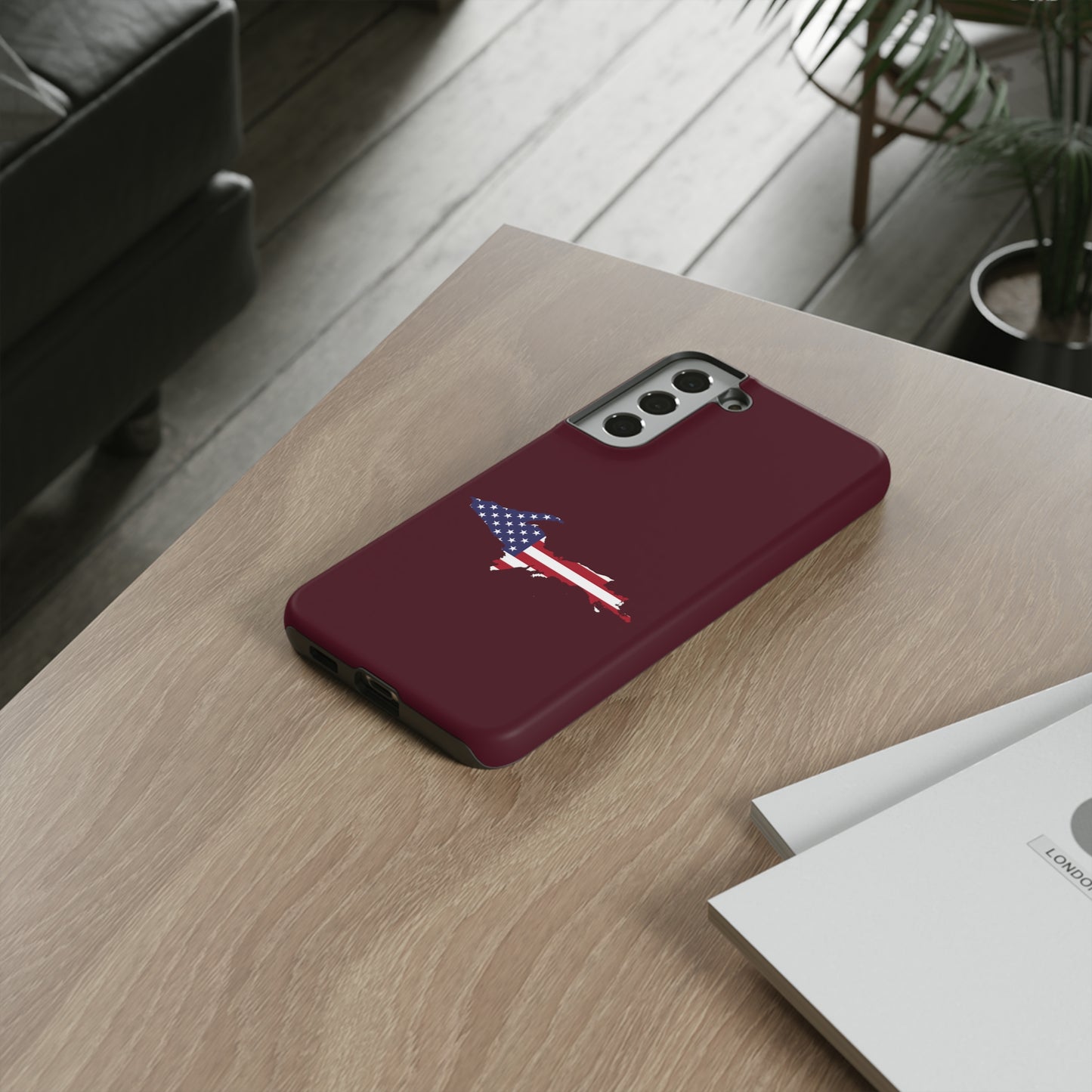 Michigan Upper Peninsula Tough Phone Case (Old Mission Burgundy w/ UP USA Flag Outline) | Samsung & Pixel Android