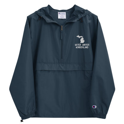 Michigan 'Water Winter Wonderland' Packable Wind & Rain Jacket | White/Navy Embroidery