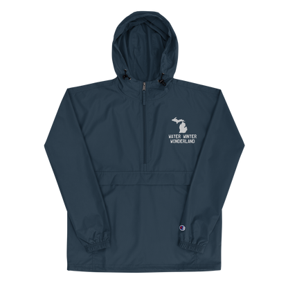 Michigan 'Water Winter Wonderland' Packable Wind & Rain Jacket | White/Navy Embroidery