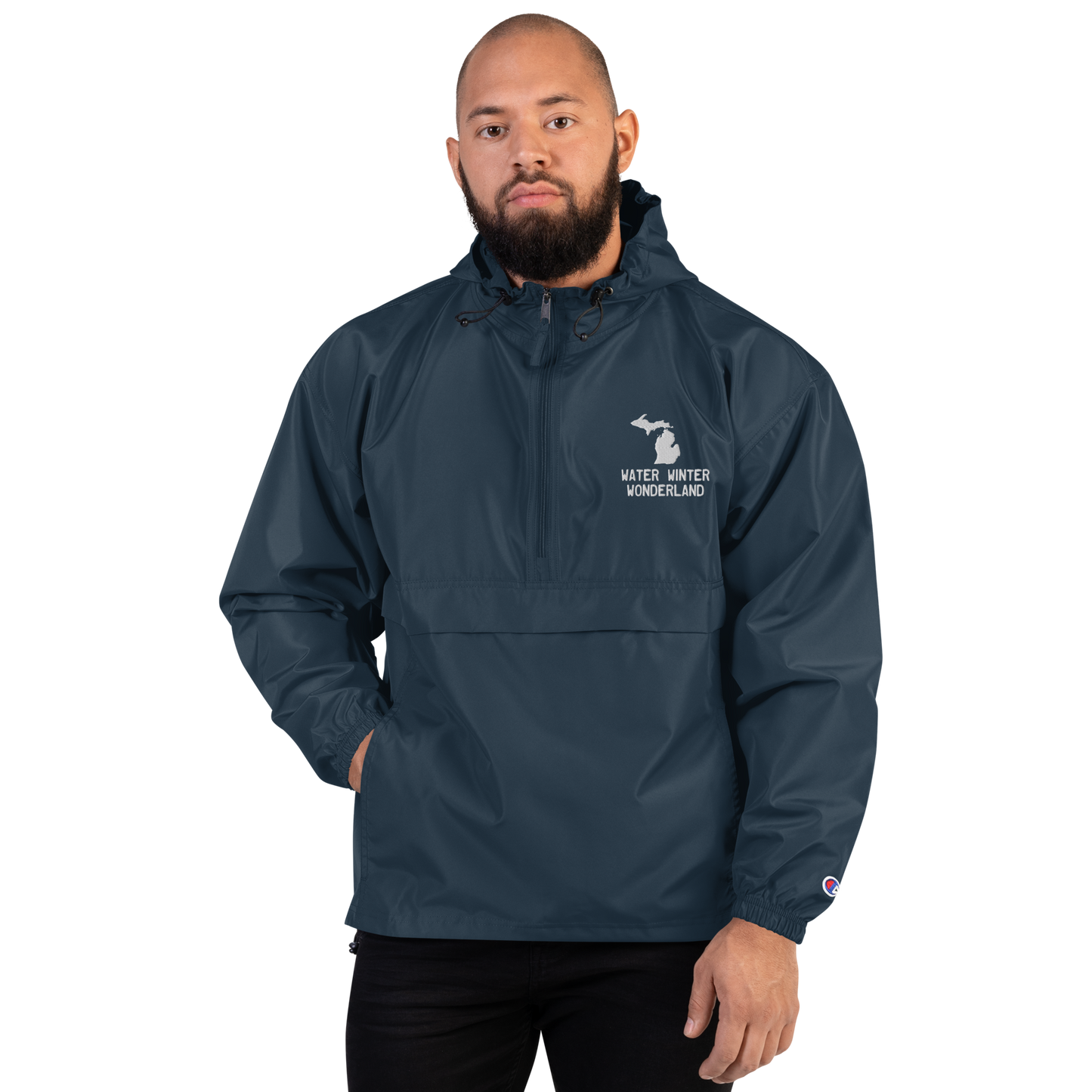 Michigan 'Water Winter Wonderland' Packable Wind & Rain Jacket | White/Navy Embroidery