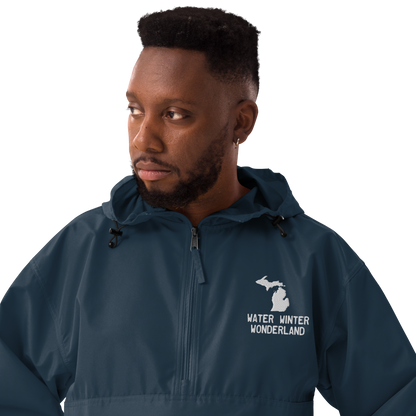 Michigan 'Water Winter Wonderland' Packable Wind & Rain Jacket | White/Navy Embroidery