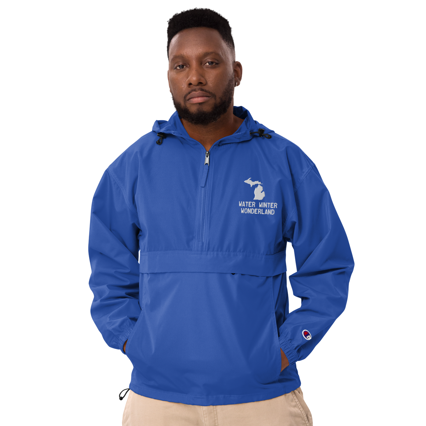 Michigan 'Water Winter Wonderland' Packable Wind & Rain Jacket | White/Navy Embroidery