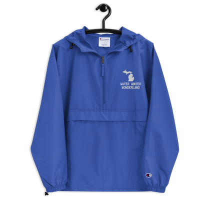 Michigan 'Water Winter Wonderland' Packable Wind & Rain Jacket | White/Navy Embroidery