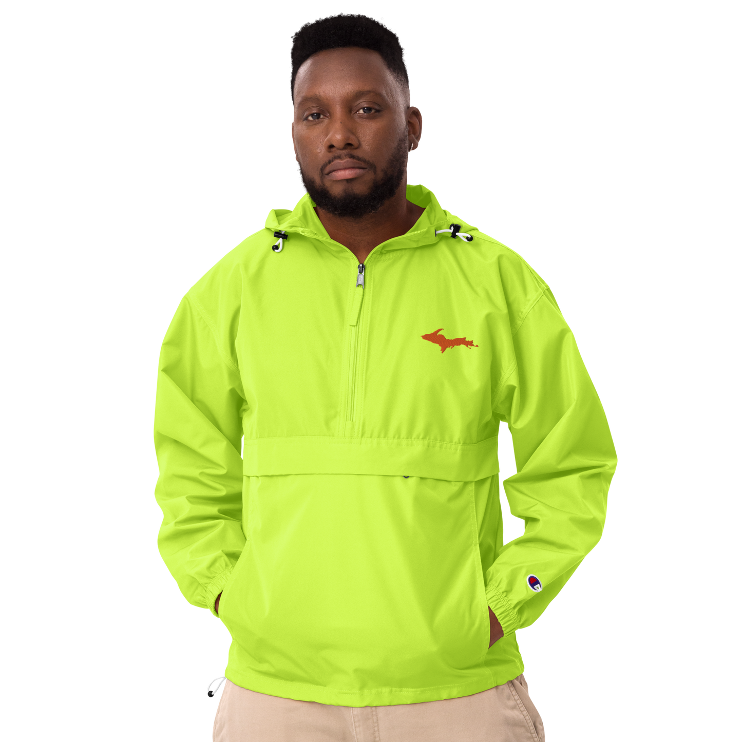 Michigan Upper Peninsula Packable Wind & Rain Jacket (w/ Orange UP Outline)