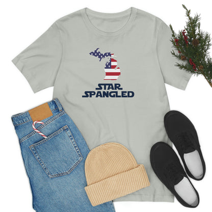 Michigan 'Star Spangled' T-Shirt (Epic Sci Fi Font w/ MI USA Flag Outline) | Unisex Standard Fit