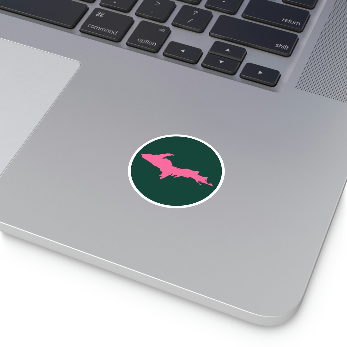 Michigan Upper Peninsula Round Stickers (Green w/ Pink UP Outline) | Indoor\Outdoor