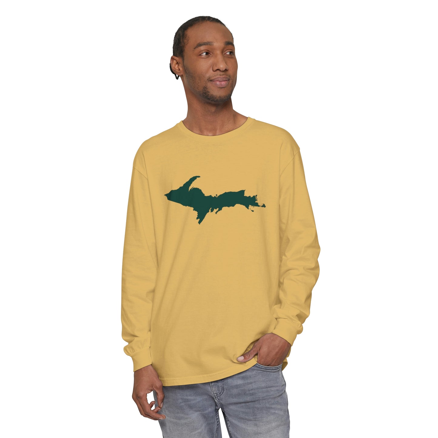 Michigan Upper Peninsula Garment-Dyed T-Shirt (w/ Green UP Outline) | Unisex Long Sleeve