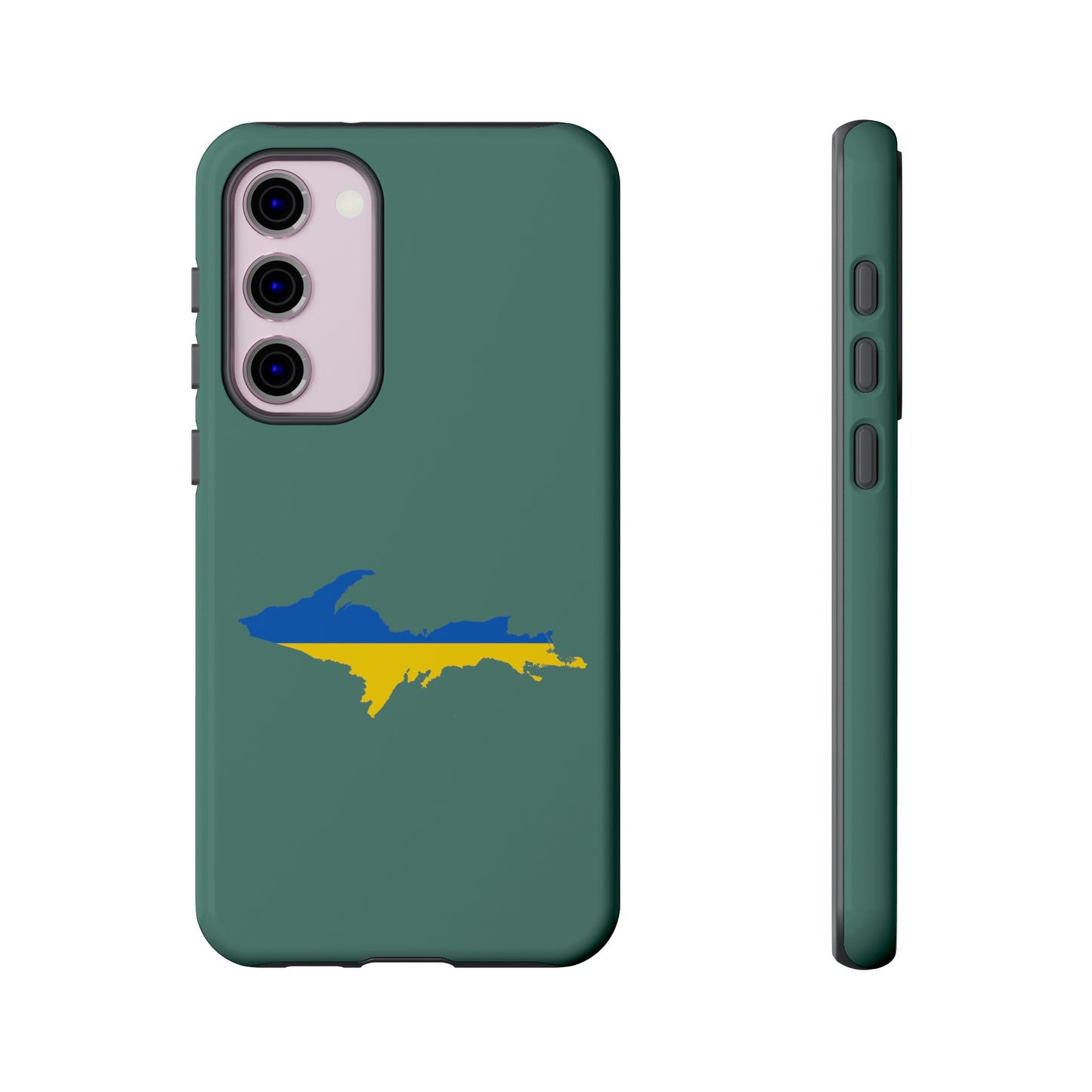 Michigan Upper Peninsula Tough Phone Case (Copper Green w/ UP Ukraine Flag Outline) | Samsung & Pixel Android