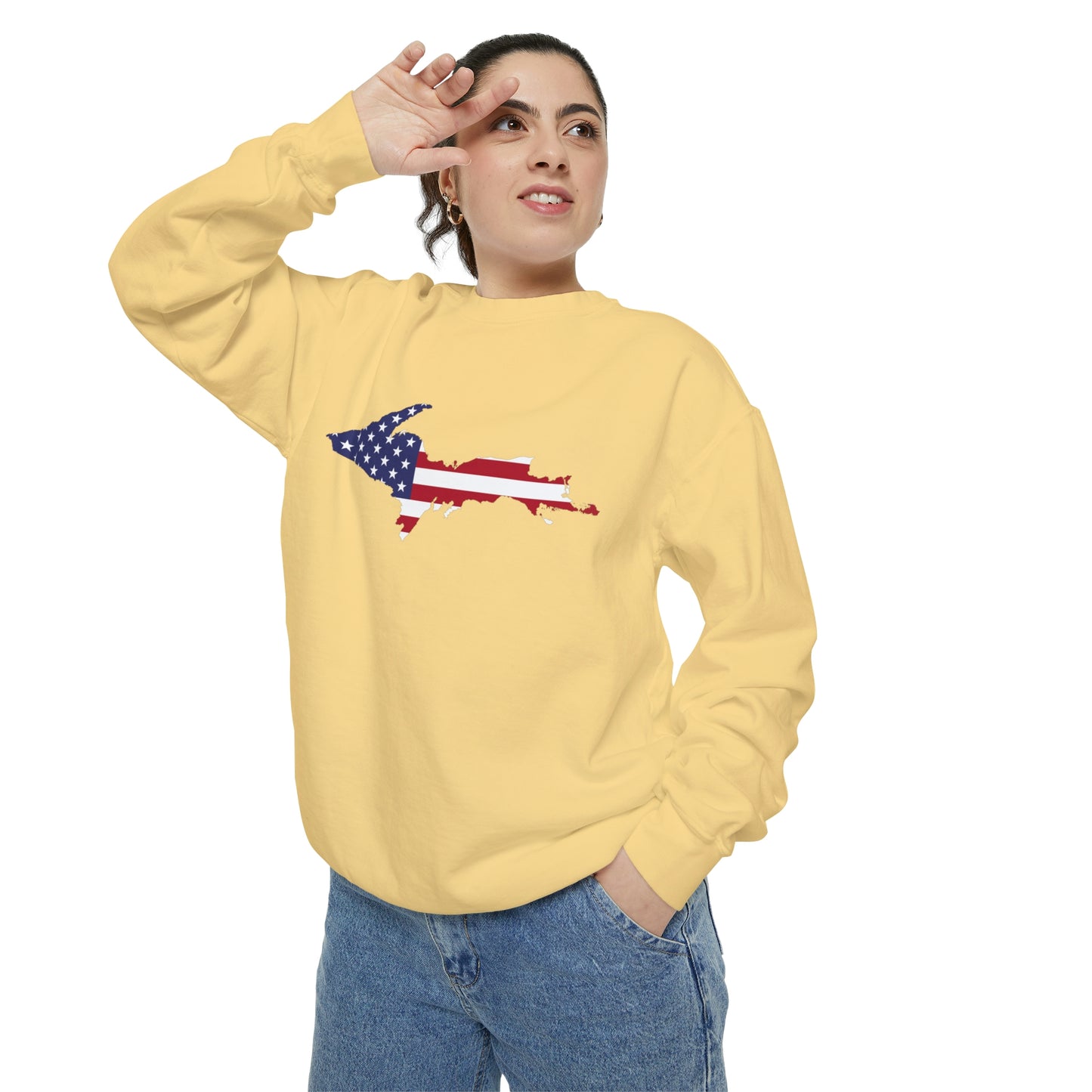 Michigan Upper Peninsula Sweatshirt (w/ UP USA Flag Outline) | Unisex Garment Dyed