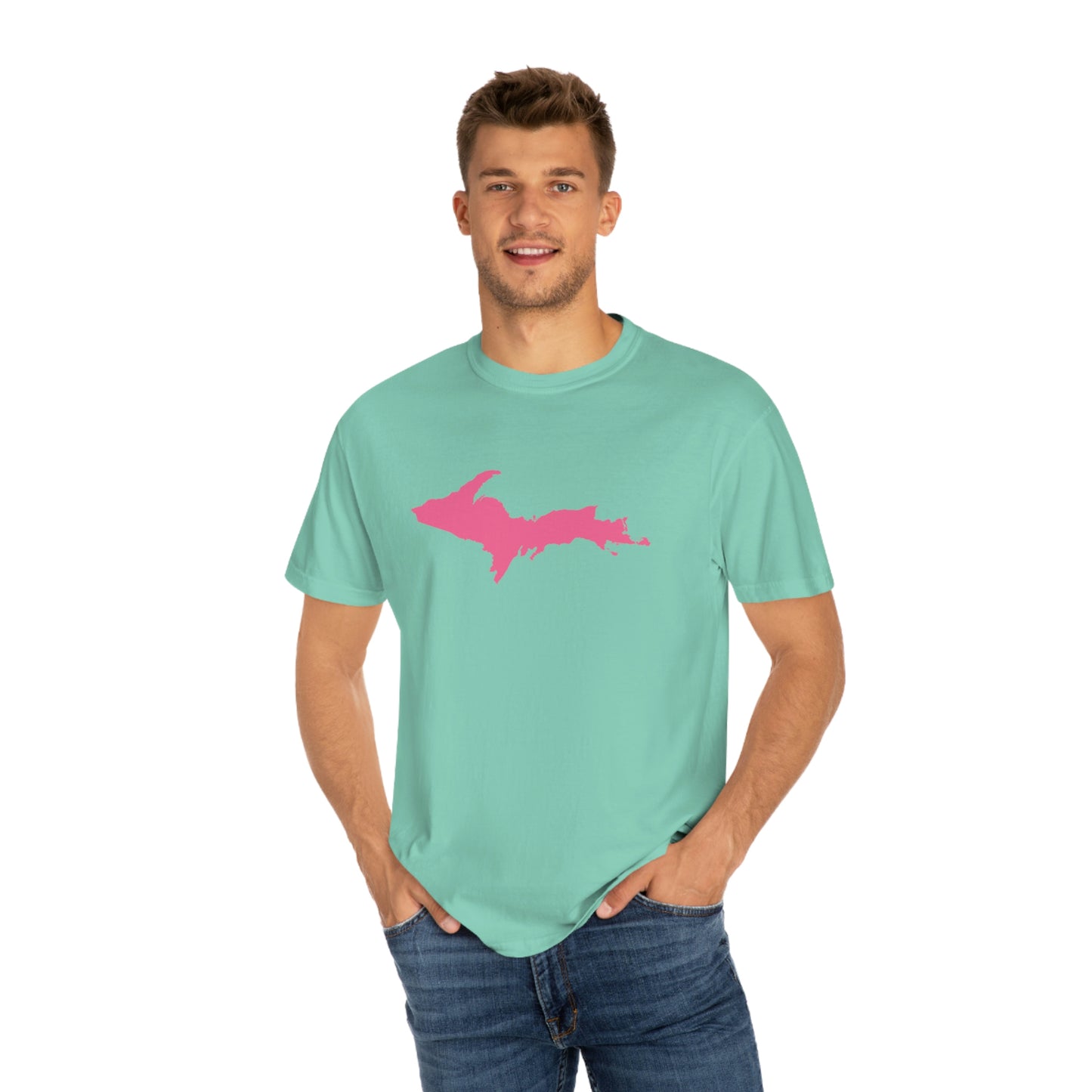 Michigan Upper Peninsula T-Shirt (w/ Pink UP Outline) | Unisex Garment-Dyed