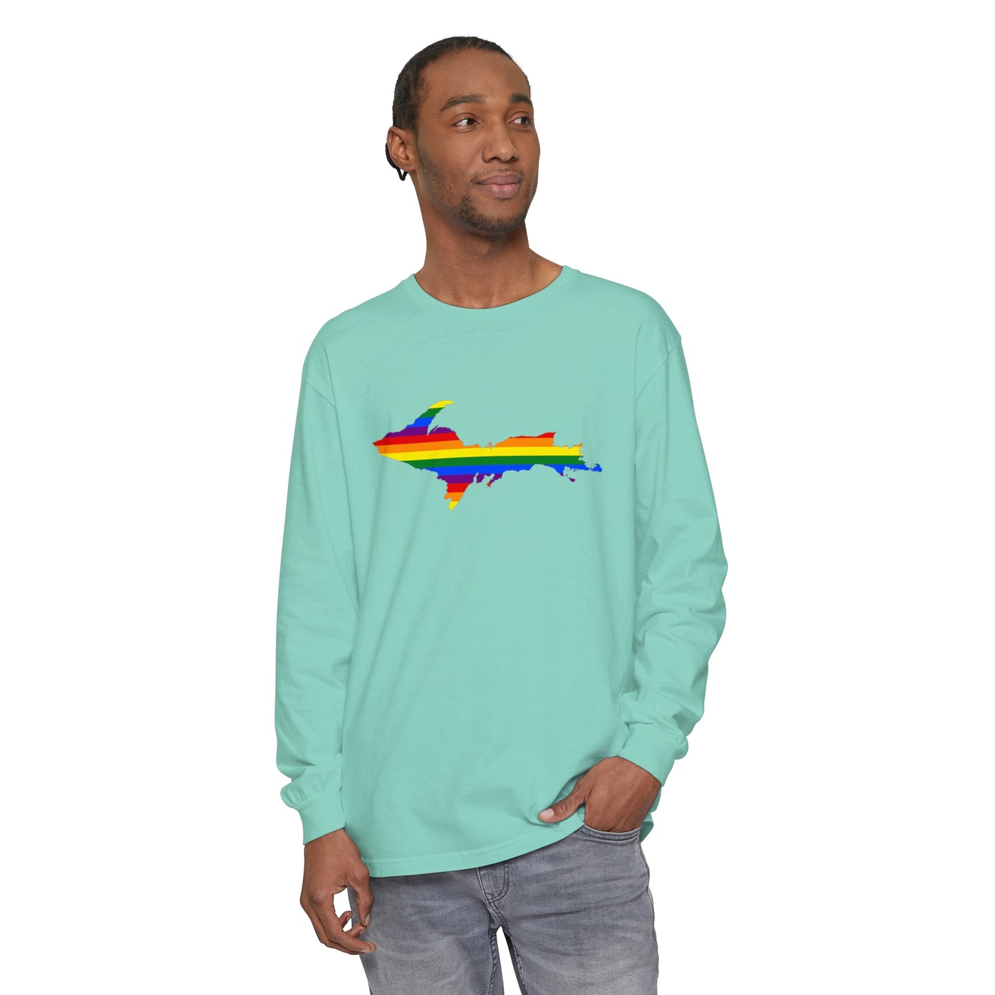 Michigan Upper Peninsula Garment-Dyed T-Shirt (w/ UP Pride Flag Outline) | Unisex Long Sleeve