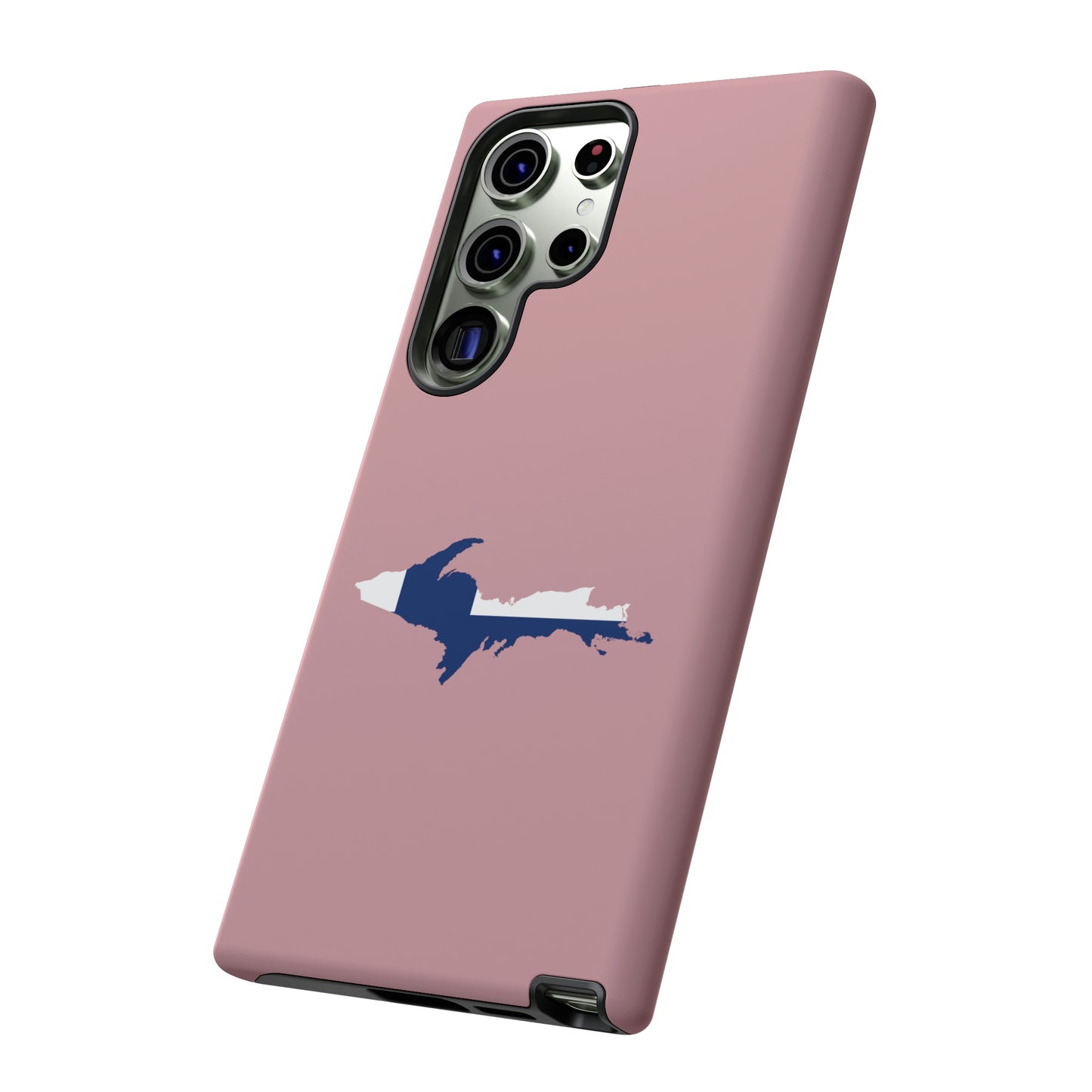 Michigan Upper Peninsula Tough Phone Case (Cherry Blossom Pink w/ UP Finland Flag Outline) | Samsung & Pixel Android