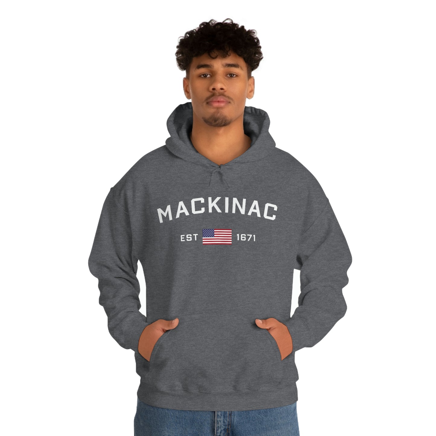 'Mackinac EST 1671' Hoodie (w/USA Flag Outline) | Unisex Standard