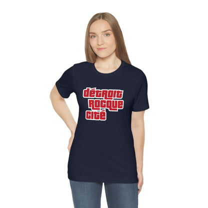 'Détroit Rocque Cité' T-Shirt (Red/White Automotive Crime Parody) | Unisex Standard Fit