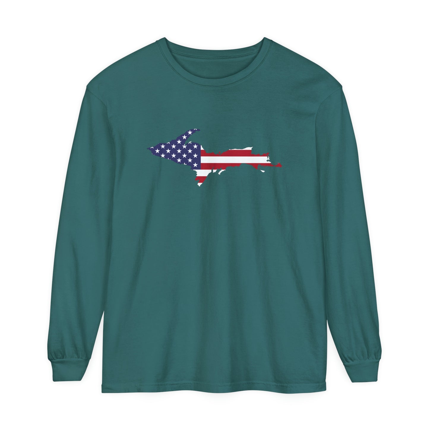 Michigan Upper Peninsula Garment-Dyed T-Shirt (w/ UP USA Flag Outline) | Unisex Long Sleeve