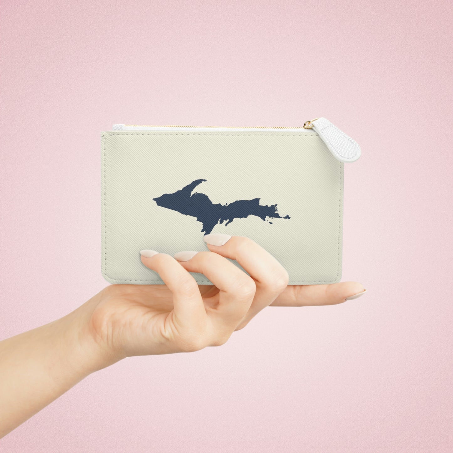 Michigan Upper Peninsula Mini Clutch Bag (Ivory Color w/ Navy UP Outline)