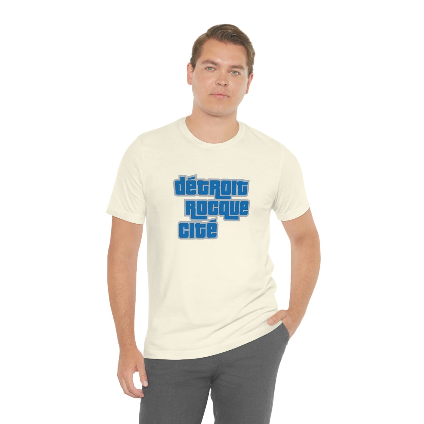 'Détroit Rocque Cité' T-Shirt (Azure/Grey Automotive Crime Parody) | Unisex Standard Fit