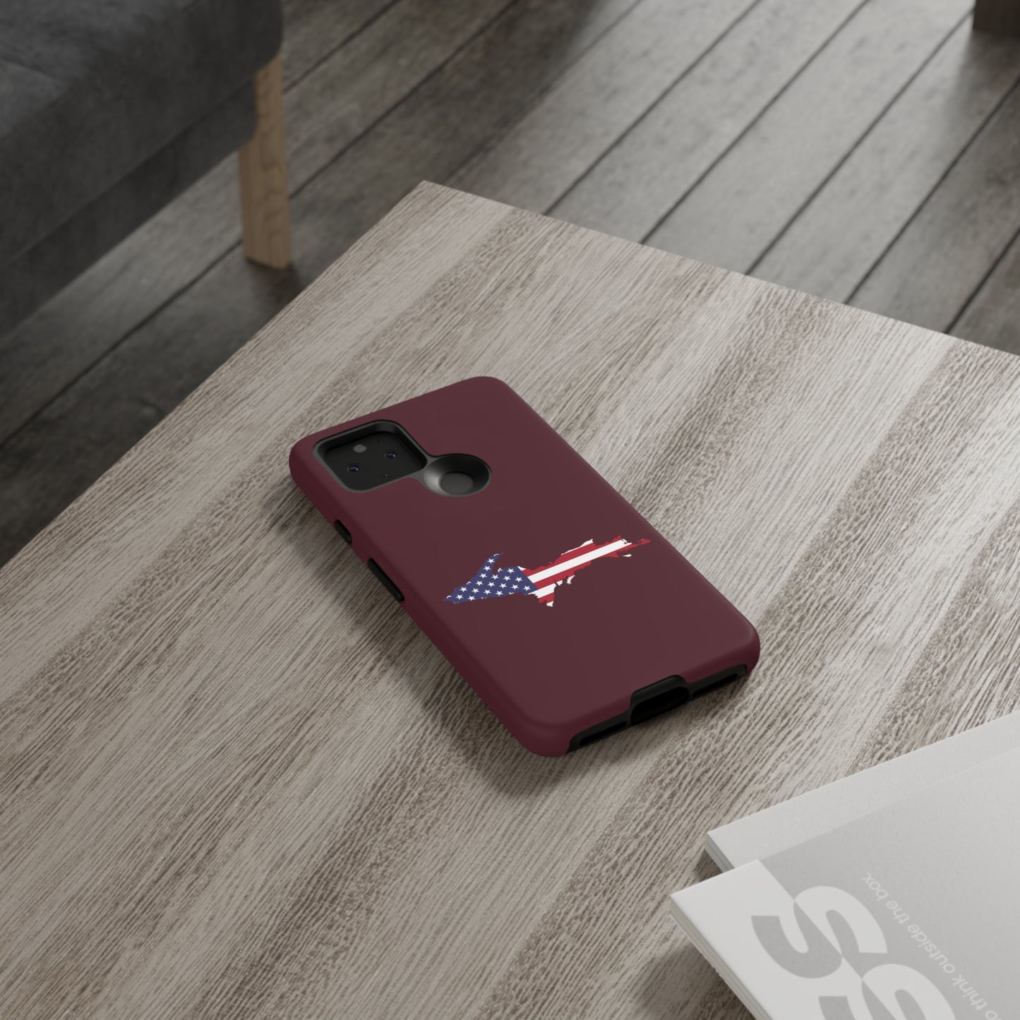 Michigan Upper Peninsula Tough Phone Case (Old Mission Burgundy w/ UP USA Flag Outline) | Samsung & Pixel Android