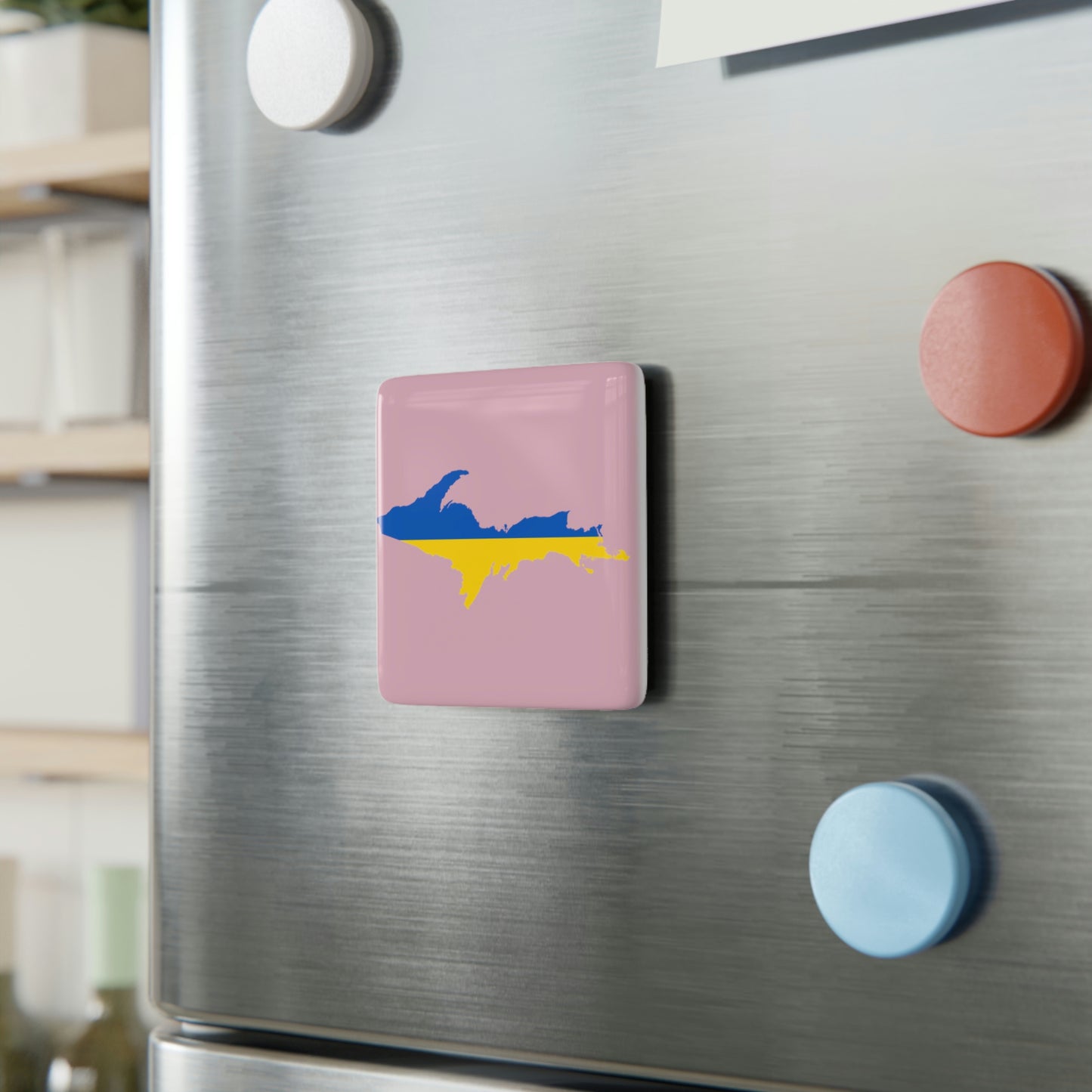 Michigan Upper Peninsula Porcelain Magnet (Pink w/ UP Ukraine Flag Outline)