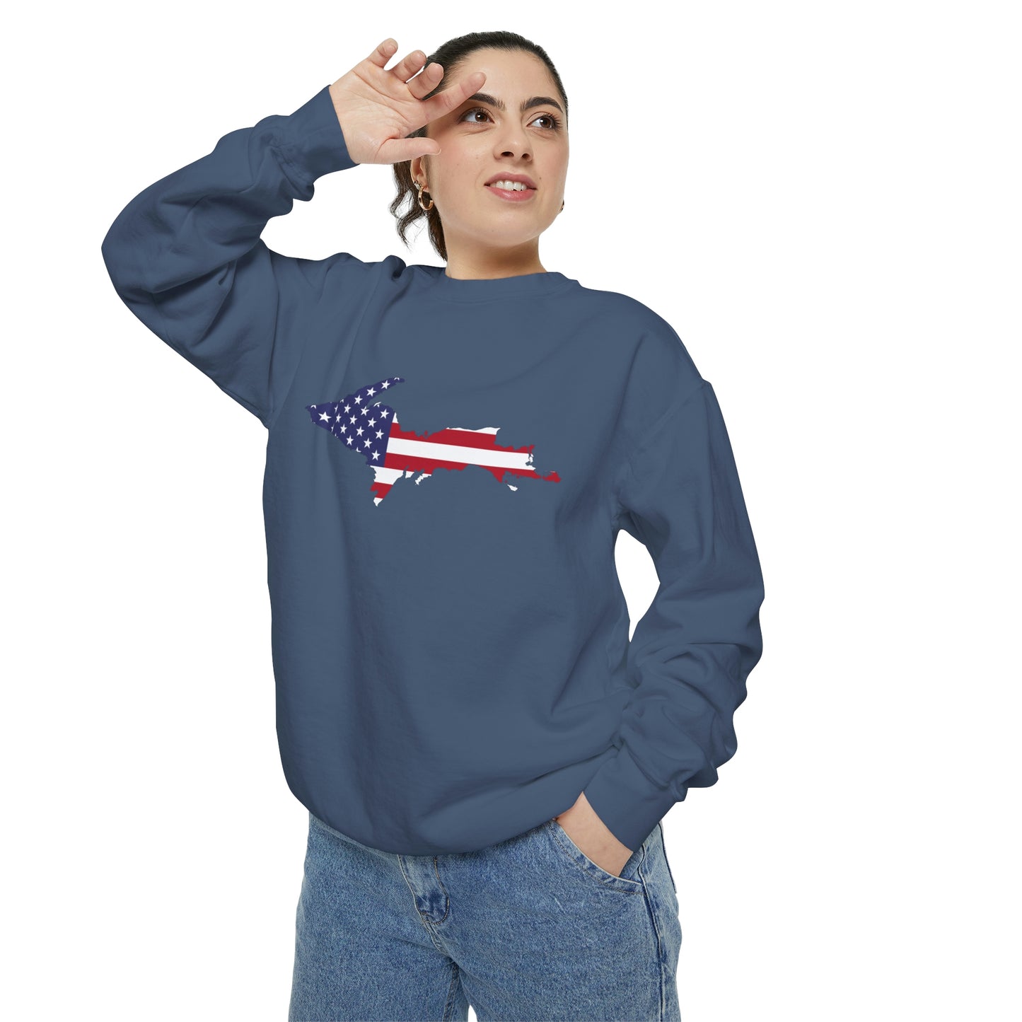 Michigan Upper Peninsula Sweatshirt (w/ UP USA Flag Outline) | Unisex Garment Dyed