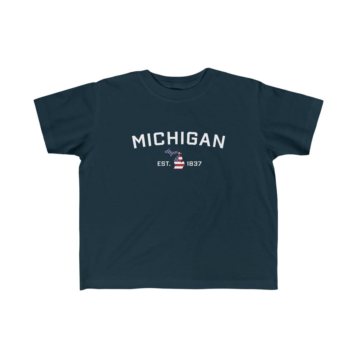 'Michigan EST 1837' T-Shirt  (w/ MI USA Flag Outline) | Toddler Short Sleeve - Circumspice Michigan