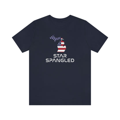 Michigan 'Star Spangled' T-Shirt (Space Agency Font w/ MI USA Flag Outline) | Unisex Standard Fit