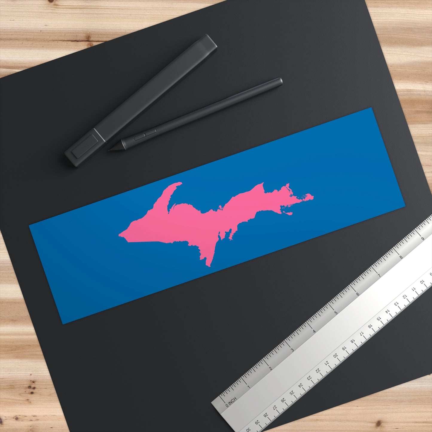 Michigan Upper Peninsula Bumper Sticker (w/ Pink UP Outline) | Azure Background