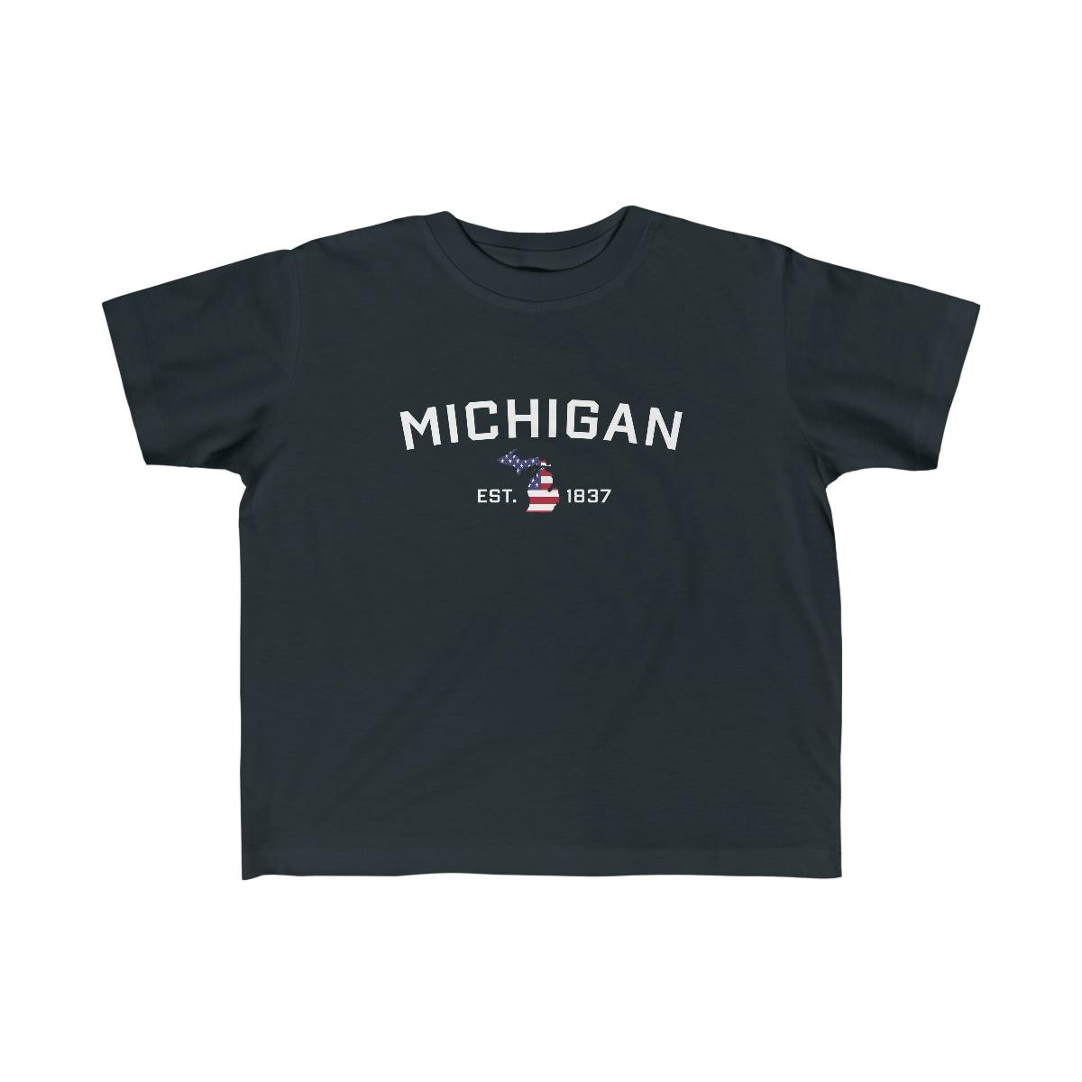 'Michigan EST 1837' T-Shirt  (w/ MI USA Flag Outline) | Toddler Short Sleeve - Circumspice Michigan