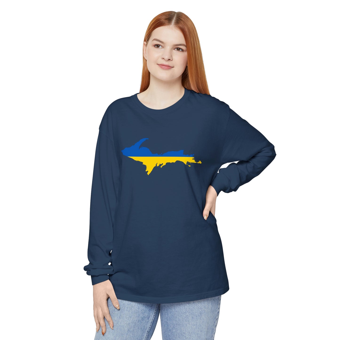 Michigan Upper Peninsula Garment-Dyed T-Shirt (w/ UP Ukraine Flag Outline) | Unisex Long Sleeve