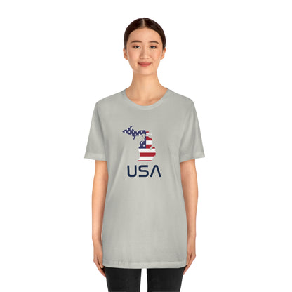 Michigan 'USA' T-Shirt (Space Agency Font w/ MI USA Flag Outline) | Unisex Standard Fit