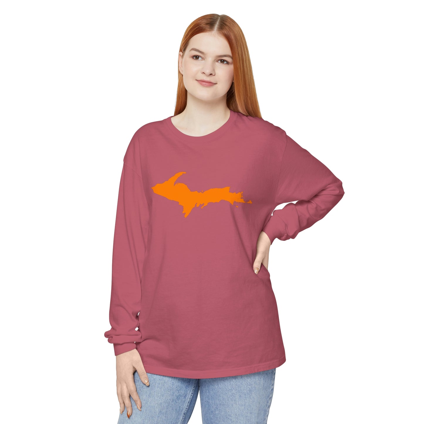 Michigan Upper Peninsula Garment-Dyed T-Shirt (w/ Orange UP Outline) | Unisex Long Sleeve