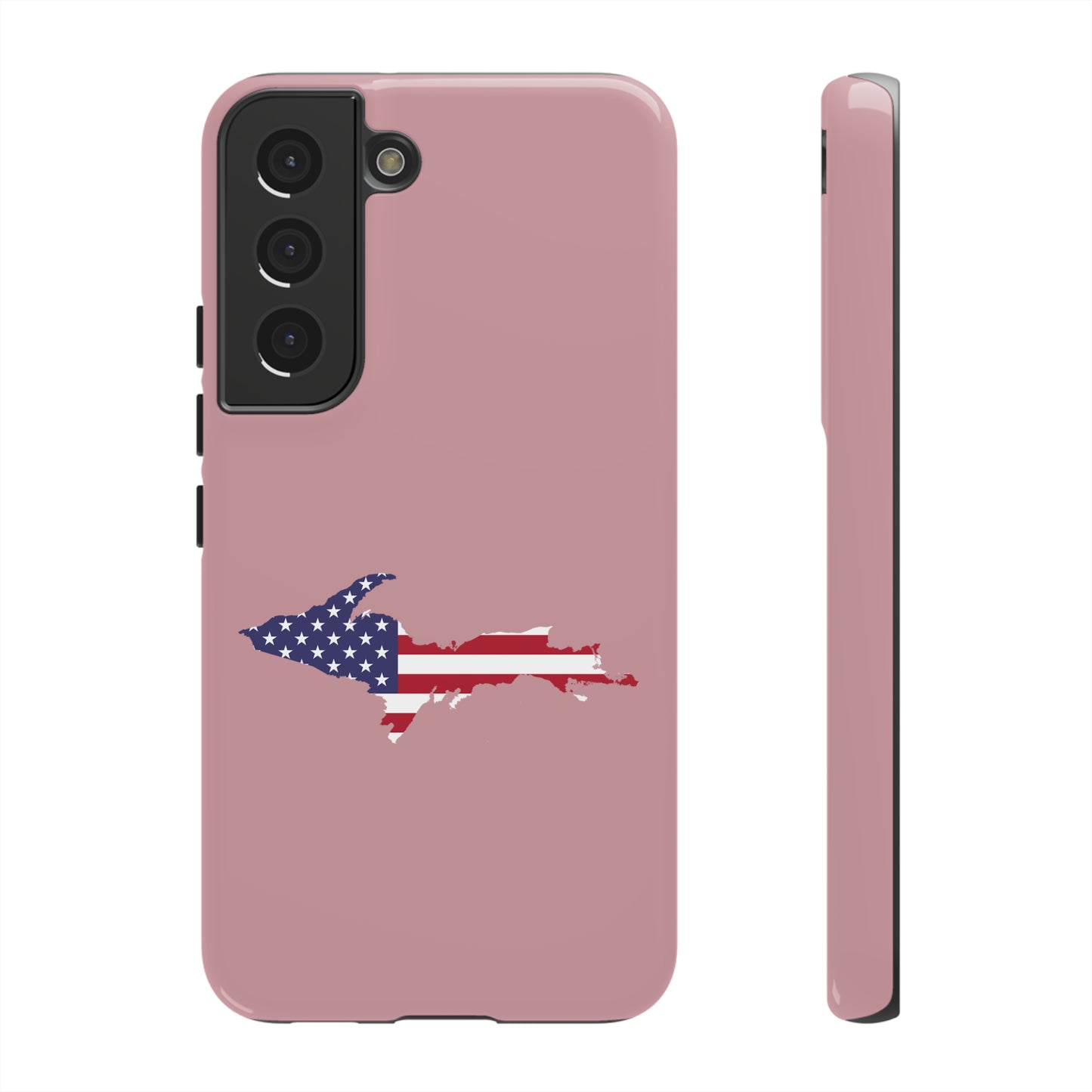 Michigan Upper Peninsula Tough Phone Case (Cherry Blossom Pink w/ UP USA Flag Outline) | Samsung & Pixel Android