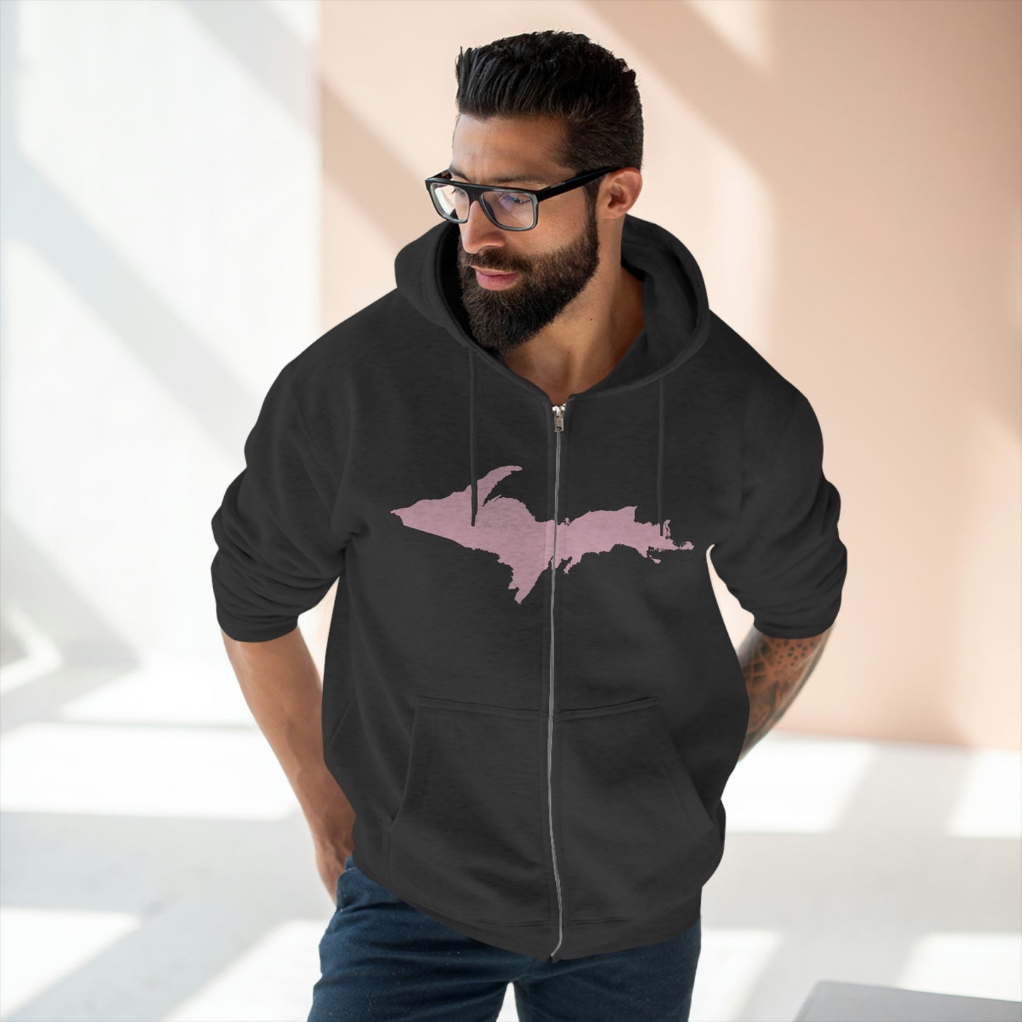 Michigan Upper Peninsula Full-Zip Hoodie (w/ Pink UP Outline)