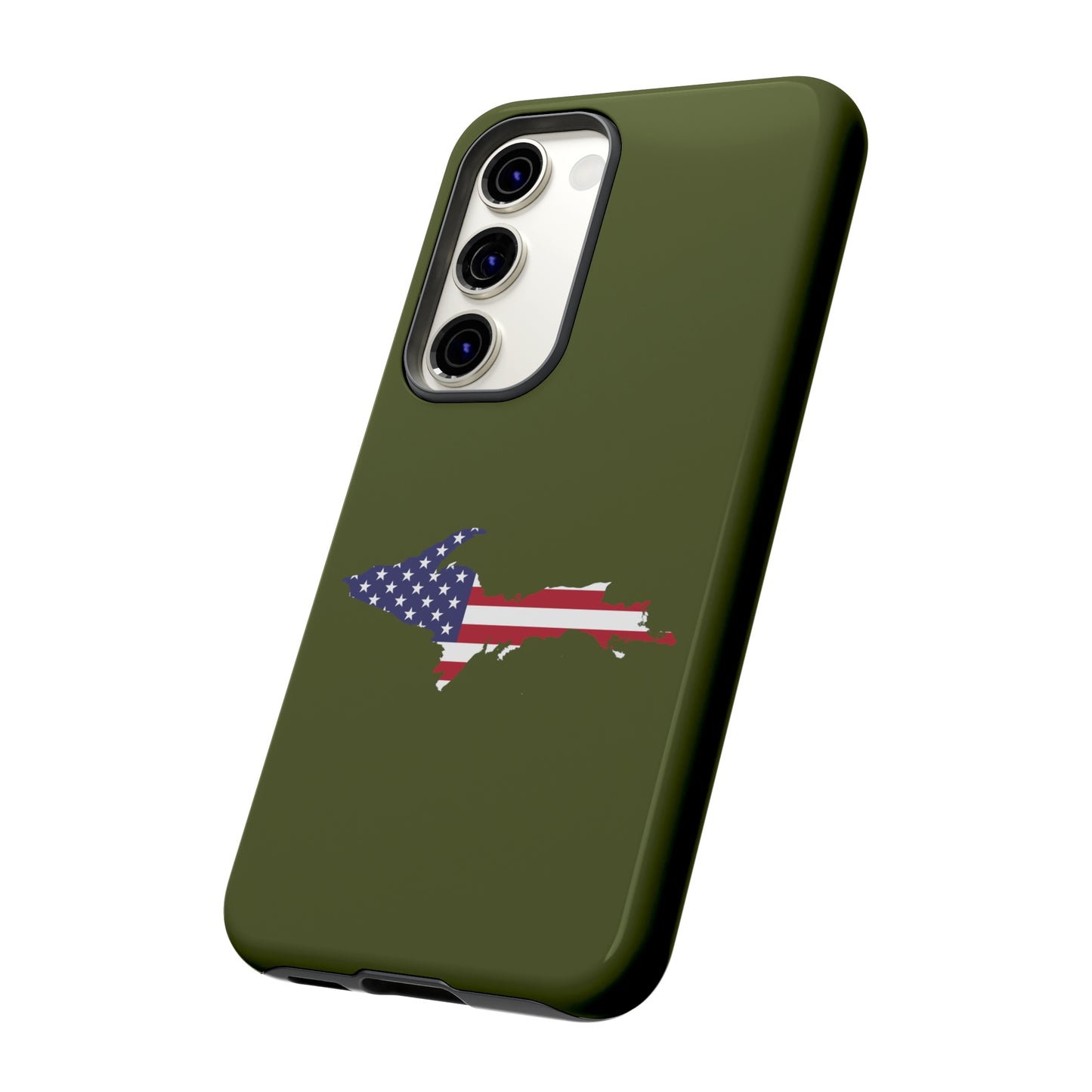 Michigan Upper Peninsula Tough Phone Case (Army Green w/ UP USA Flag Outline) | Samsung & Pixel Android