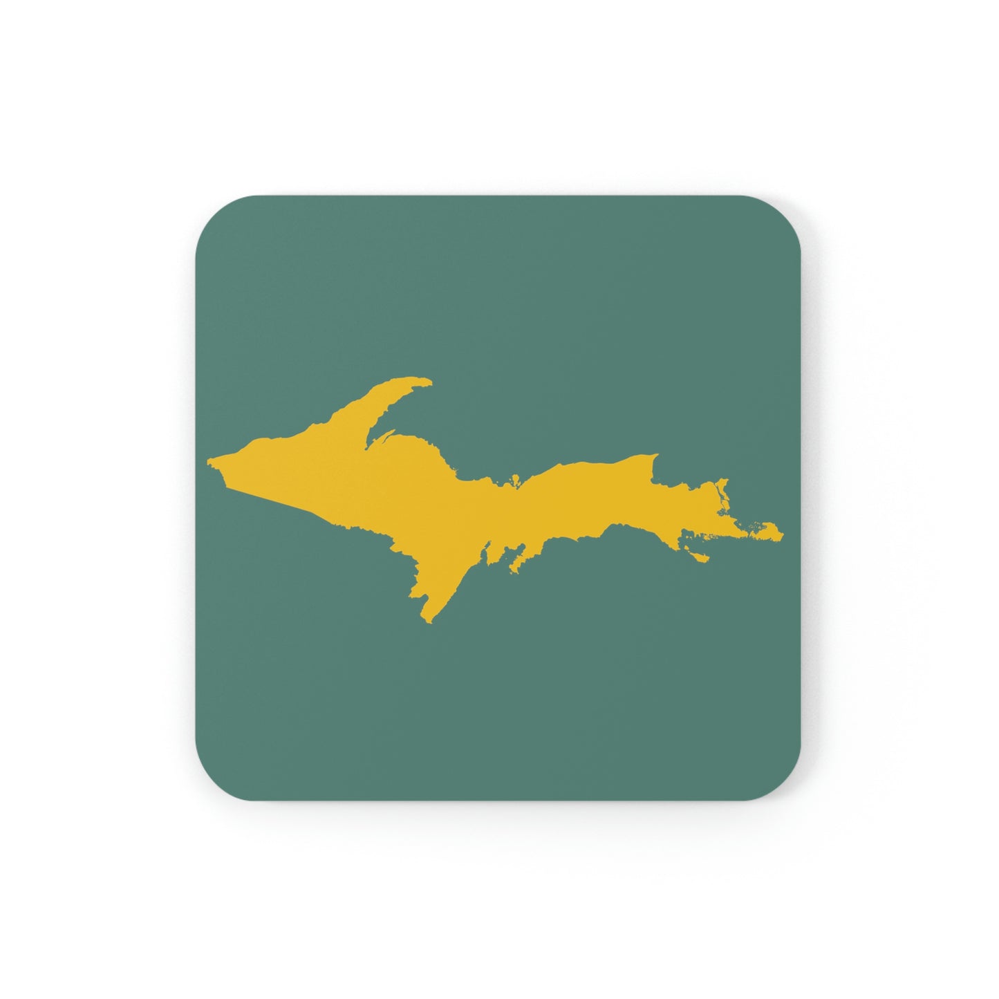 Michigan Upper Peninsula Coaster Set (Copper Green w/ Gold UP Outline) | Corkwood - 4 pack